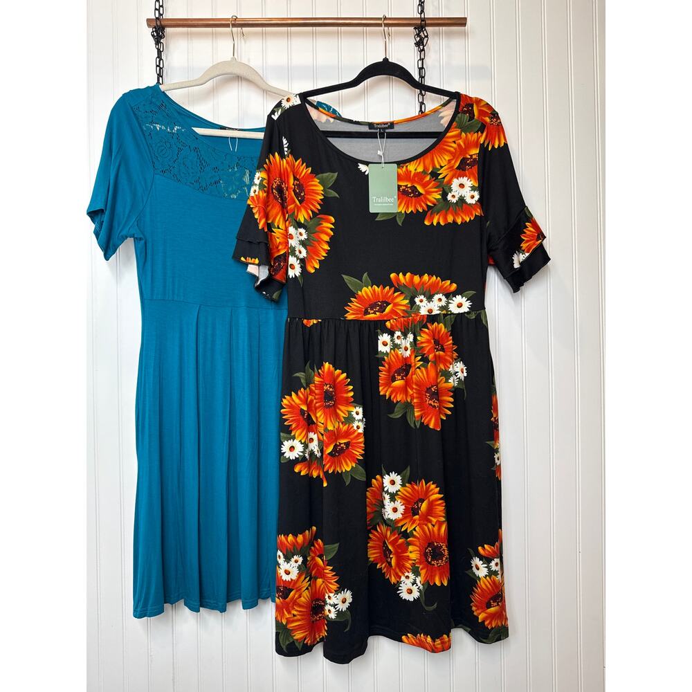 NWT Amazon Midi Dresses - Black Floral & Crochet Yoka Shot Sleeves Bundle Sz L